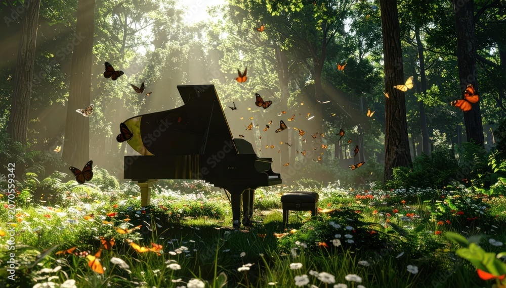 Naklejka premium Black grand piano in a sun-drenched woodland with butterflies.