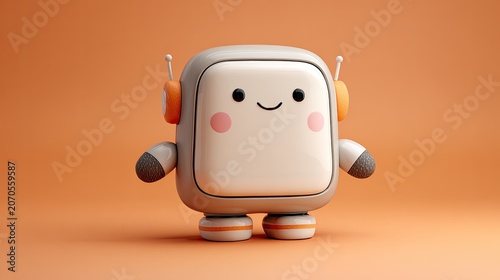 Cute, gray robot with orange accents