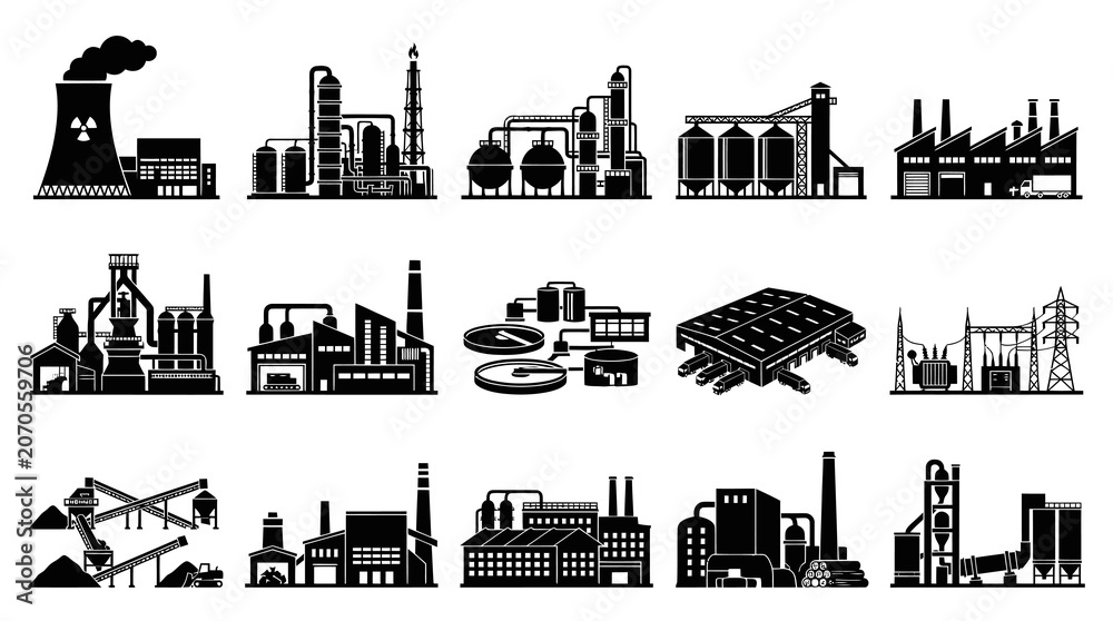 Naklejka premium Industrial Factory Silhouettes Icons Set - Vector Black White Glyph Art