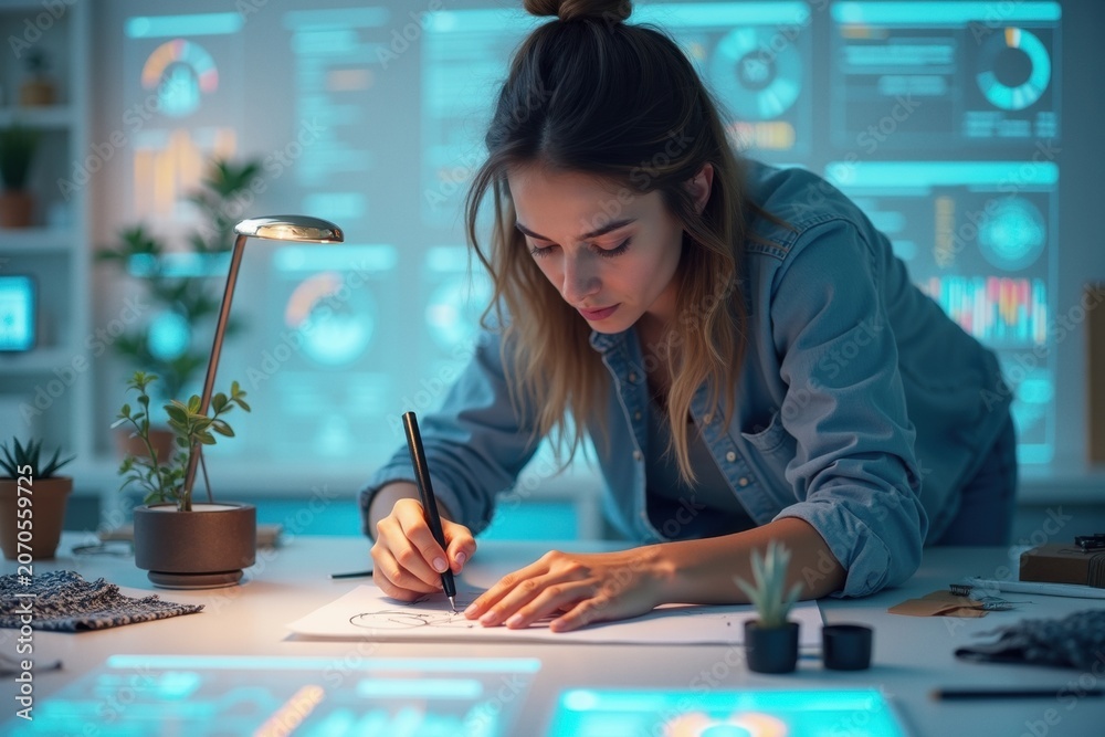 Fototapeta premium Young Woman Sketching at a DigitalSavvy Desk with Focused Expression