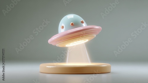 Pastel-colored UFO on a light beige pedestal, emitting a beam of light