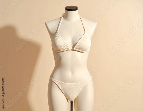 Cream Bikini Swimsuit on Minimal Mannequin Against Neutral Wall