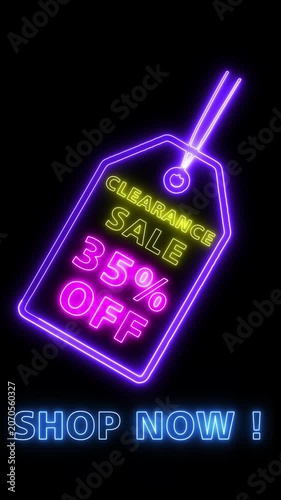 Neon sale tag with clearance with discount 35% off text and shop now call to action