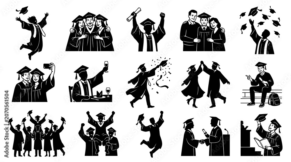 Obraz premium Graduation Celebration Black White Glyph Illustrations Set - Happy Students Academic Achievements
