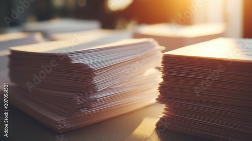 Stacks of Business Documents Illuminated by Sunlight