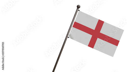 A realistic 3D render of the England national flag (St. George's Cross) waving on a wooden flagpole, isolated against a transparent background with copy space