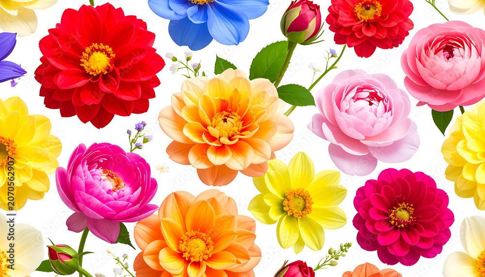 Fototapeta premium Colorful floral pattern with dahlia and rose flowers, garden blooms, spring and summer beauty, botanical design, fresh elements