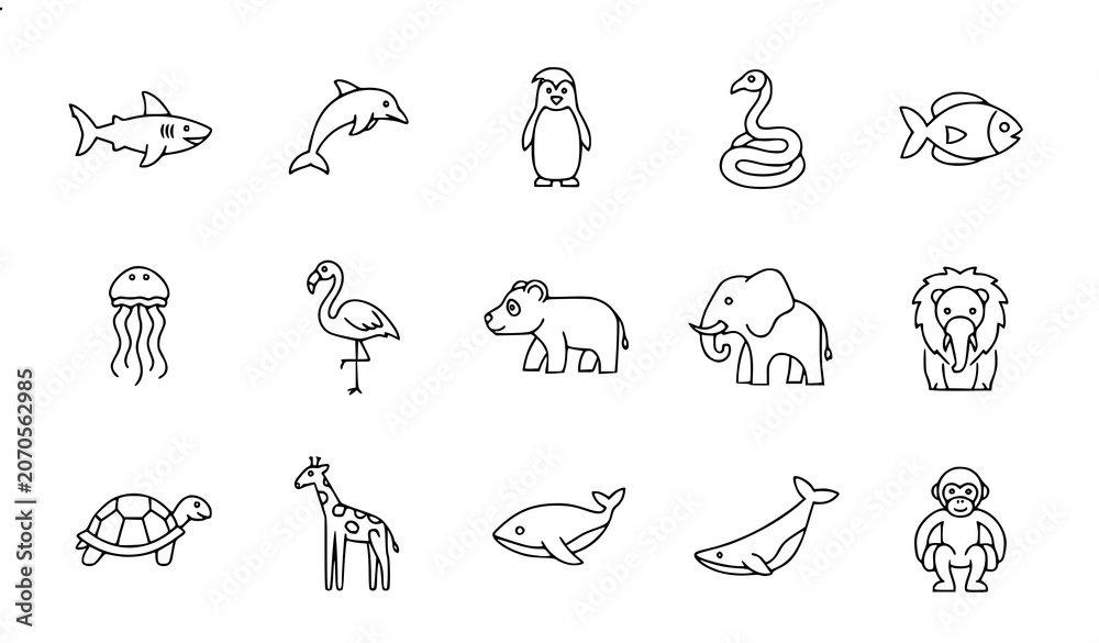 Obraz premium Animals Thin Line Icons Set Zoo Marine Animals and Mammals Vector Collection