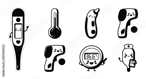 Foto Anthropomorphic Thermometers Black Silhouette Vector Illustrations On White Back