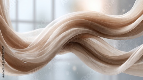A dusty curtain moves slightly by the wind near a broken window, with sunlight filtering through and casting soft shadows on the floor