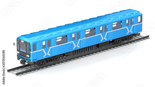 Blue subway train wagon on railway tracks isolated on white background. Isometric full view of electric modern metro carriage vehicle. Public transportation model template with copy space. 3d render