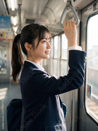 つり革に掴まり電車の外の景色を眺める女子高生 - 通学・新生活・希望