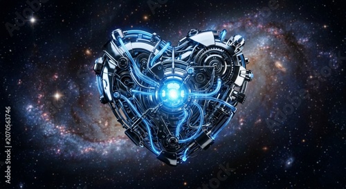 A futuristic metallic heart with glowing blue tubes and a bright core against a starry galaxy background