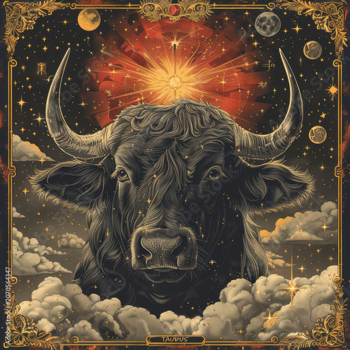 Mystical taurus zodiac design with celestial elements and starry night sky for astrology art