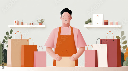 Friendly shopkeeper arranging colorful shopping bags at counter in modern store setting