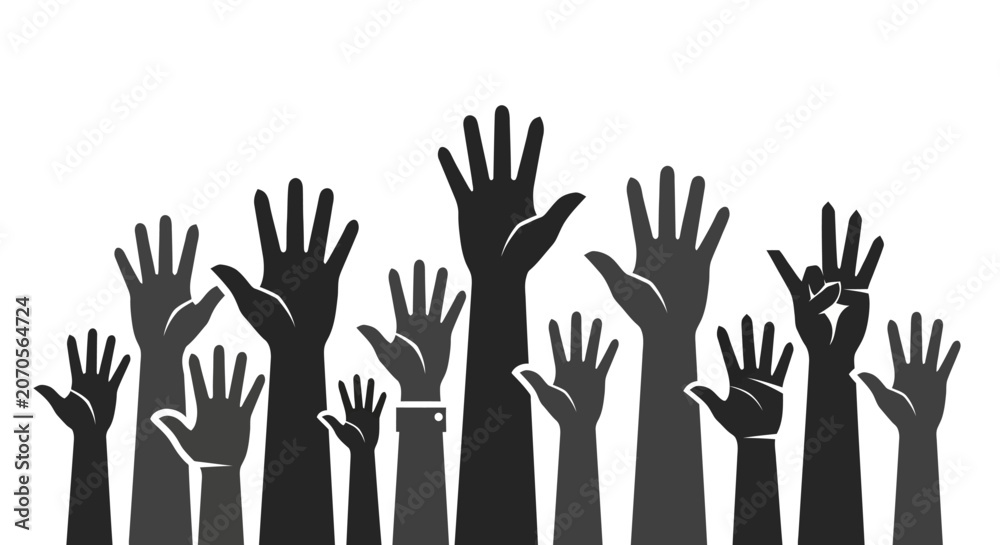 Fototapeta premium Silhouettes of raised hands representing diversity and community support.