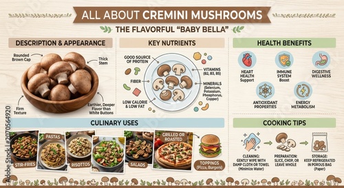 All about cremini mushrooms, the flavorful baby bella, with description, key nutrients, health benefits, culinary uses, and cooking tips