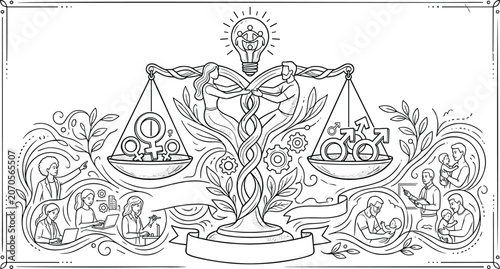 Konstfotografi Gender equality concept with scales balancing male and female symbols career and family vector line art