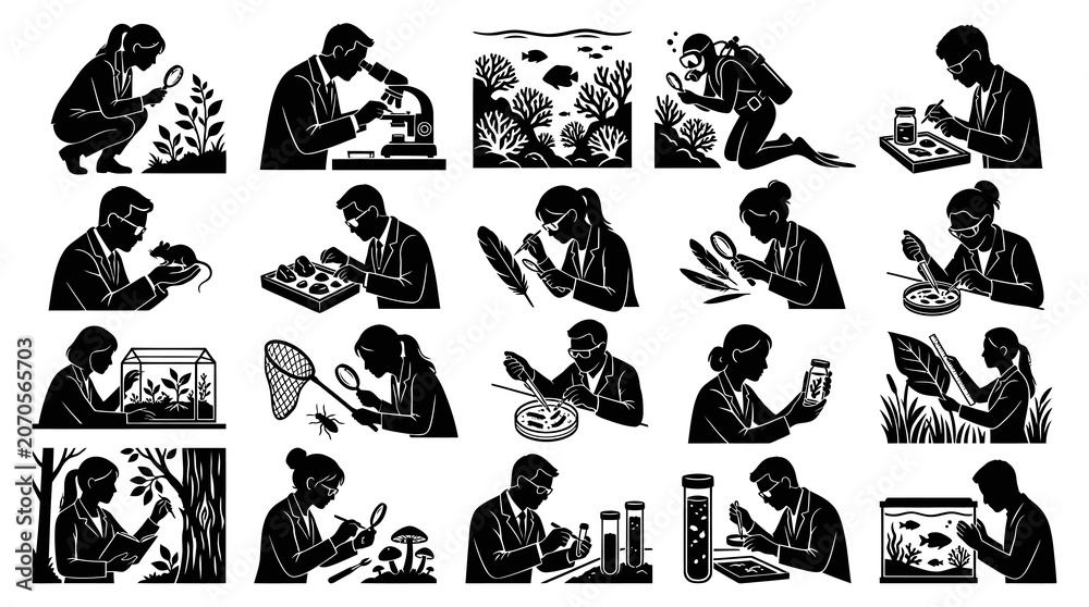 Fototapeta premium Science Research Icons: Scientists Study Plants, Animals, Microbes in Lab, Field