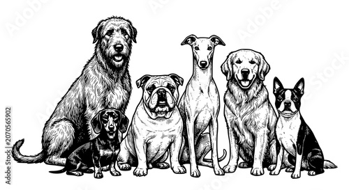 Bild auf Leinwand group of dogs, multiple dog breeds, golden retriever, bulldog, greyhound, boston