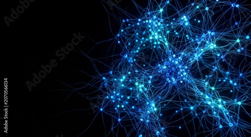 A glowing blue neural network with interconnected nodes and lines on a pure black background