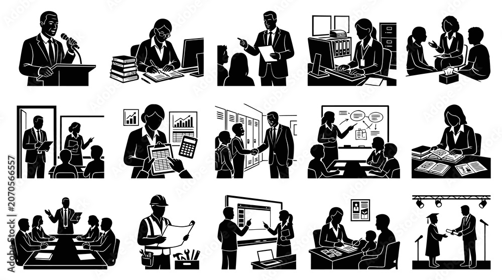 Fototapeta premium Black White Icons: Business Education Success - Meeting, Graduation, Teaching