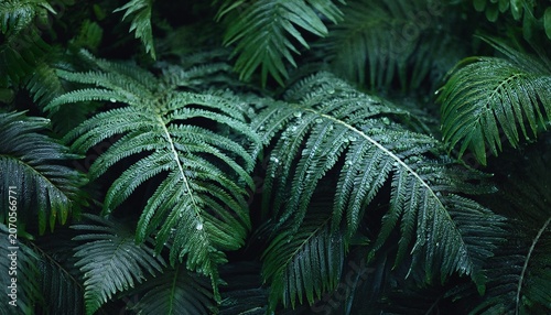 Dark Moody Tropical Foliage Texture With Ferns Moss And Water Droplets