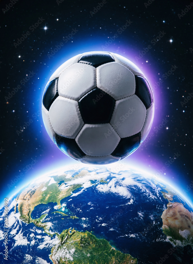 Fototapeta premium Soccer ball floating in space above planet Earth with glowing aura