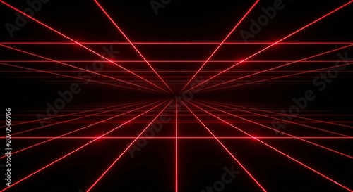 A dark room with a grid of thin bright red laser beams radiating from the center