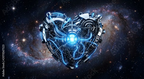 A futuristic mechanical heart with glowing blue tubes and wires against a starry galaxy background