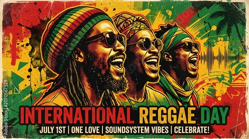 International Reggae Day Pop Art Poster with Three Black Male Singers in Vibrant Rastafarian Colors