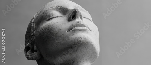 Grayscale sculpted human head close up view rough texture calm expression