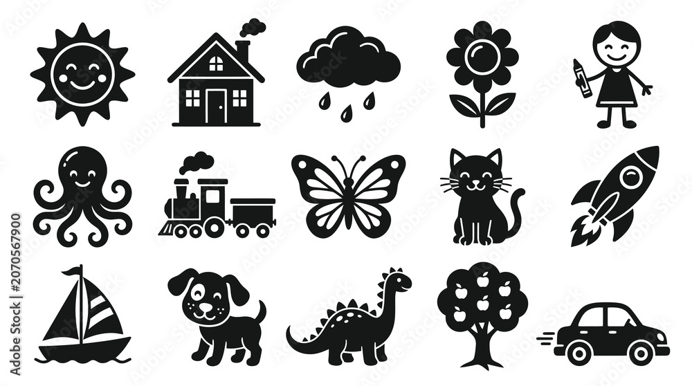 Obraz premium Kids Childhood Glyph Icons Set: Black and White Flat Symbols for Early Education Play