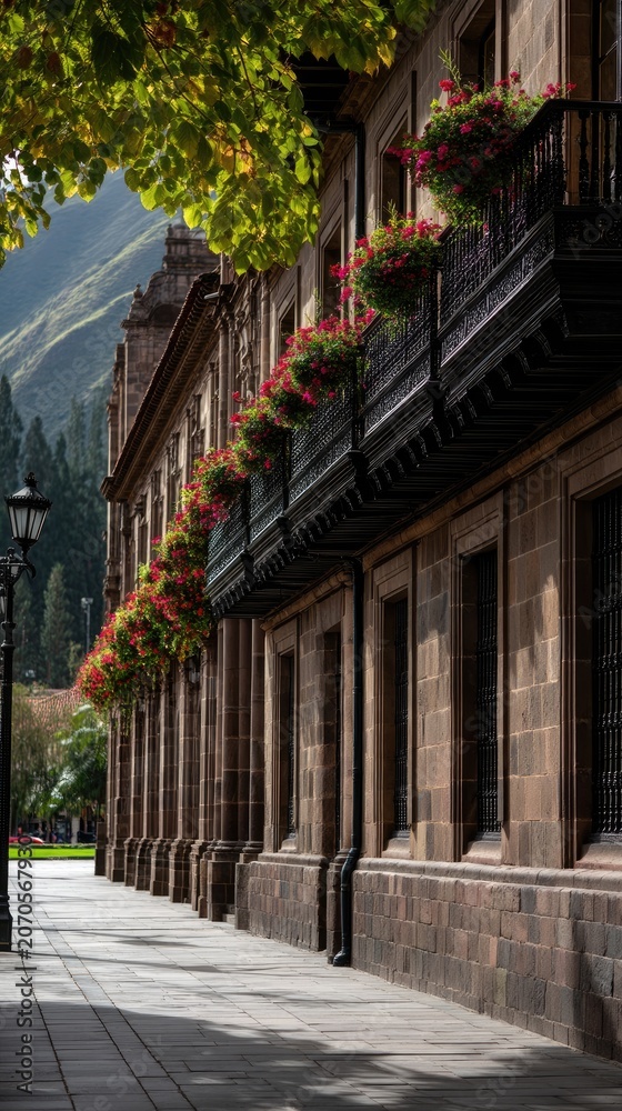 Fototapeta premium Long view of a historic building featuring a black metal balcony filled with flowers under a bright sky and lush green leaves