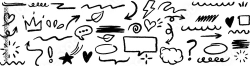 Marker line brush arrow and underline highlight scribble set with marker pen hand drawn stroke sketch element shape graphic doodle circle frame icons on transparent background vector illustration