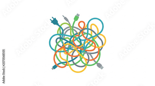 Tableau sur toile Tangled colorful electrical cords and plugs in a chaotic mess.