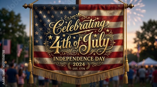 Celebrating 4th of july independence day with american flag banner and fireworks