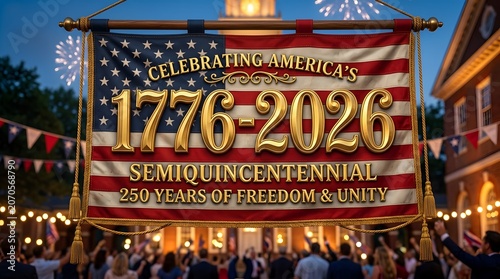 American flag banner celebrating 250 years of freedom and unity at a festive event