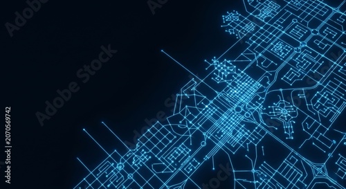 Aerial view of abstract network nodes connected by glowing blue lines on a dark background