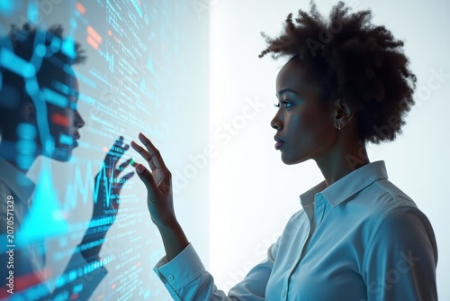 Black female professional analyzing digital data on futuristic glowing interactive screen
