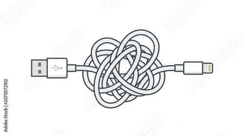 Fotografie Tangled USB cable and lightning connector in a knot.