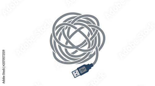Foto Tangled USB cable on white background.