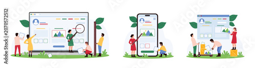 Website design making process set. Tiny people build webpage or mobile app UI in editor, update and redesign interface, hold visual tools for template wireframe creation cartoon vector illustration