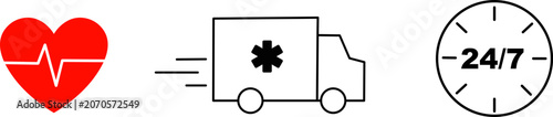 Emergency medical service concept icons set, red heart with heartbeat pulse line symbol, fast ambulance truck and twenty four seven support clock vector