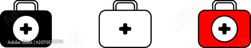 Fotografie First aid kit box icon vector set, black white and red medical suitcase symbols,