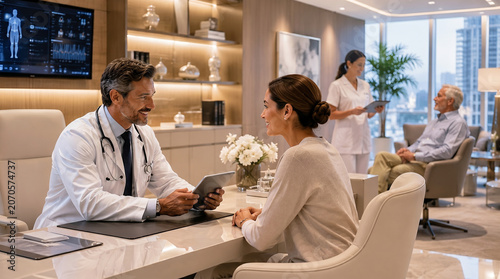 Luxury health and wellness clinic reception area with friendly receptionist assisting a female client.