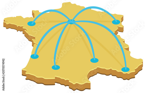 3D isometric vector illustration of a yellow France map with cyan connection lines radiating from a central hub for logistics and network communication (cut out)