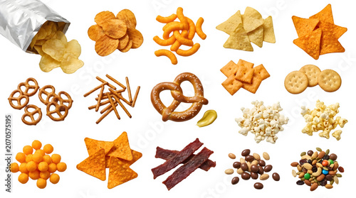 Assortment of various salty snacks including potato chips, pretzels, popcorn, crackers, and nuts isolated on transparent background
