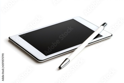 Modern white digital tablet with stylus pen on a white background, sleek portable electronic device for reading, drawing, or writing, technology, touchscreen
