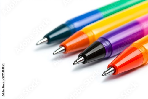 Close-up of colorful ballpoint pens in a row with a white background, showcasing vibrant ink colors and sleek design for stationery, office, and art supplies
